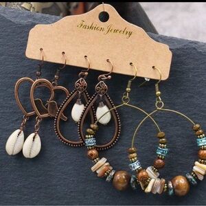 Boho 3 Pairs/Set brown Gypsy Earrings Tassle Vintage Hook Drop Dangle Seashell